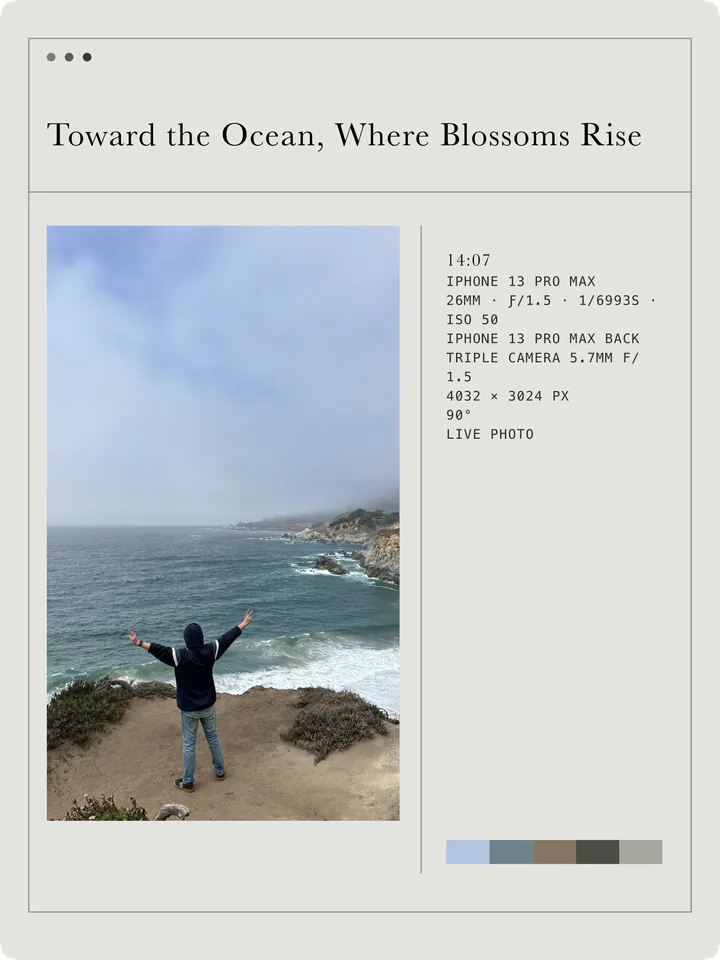 A pale gray card showing a person facing the ocean with arms outstretched, with camera settings beside the photo.