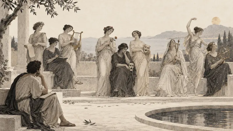Nine Muses gathered in a Greek courtyard with symbols of art and knowledge, while a poet sits apart and listens.