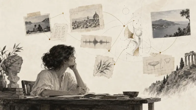 A creator at a desk considers old photographs, travel sketches, book fragments, and a voice waveform, connected by fine lines around an unfinished idea.