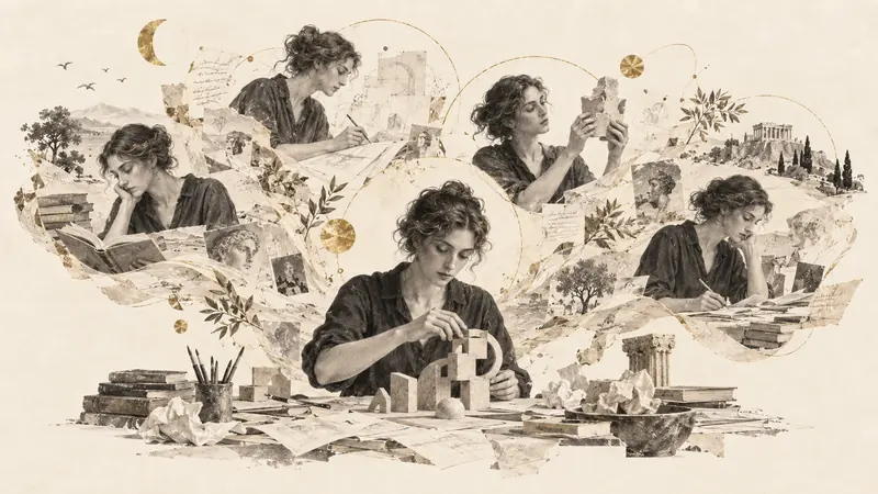 Overlapping moments show the same creator reading, sketching, building, examining a result, and revising, surrounded by books and unfinished drafts.