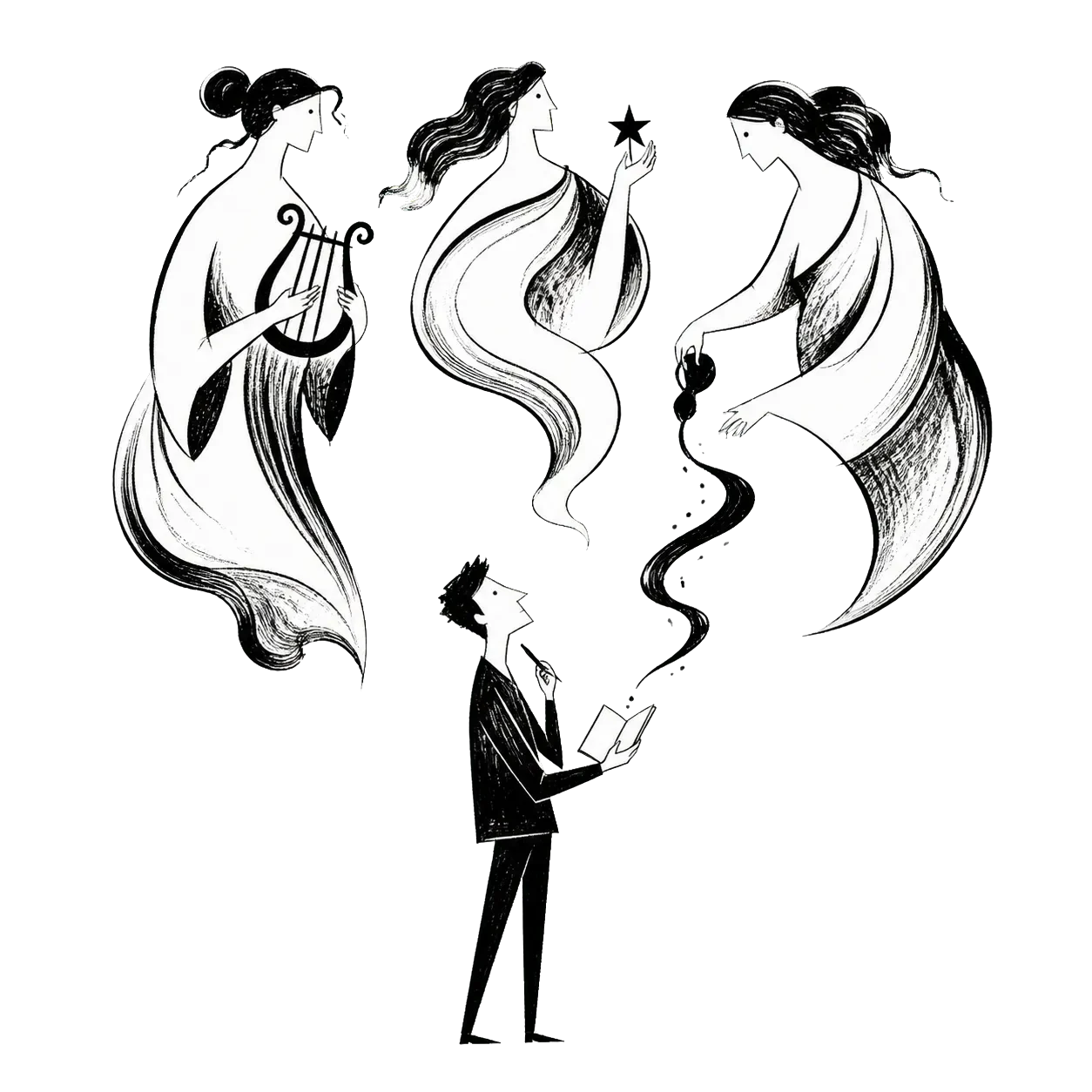 Muses inspiring a learner holding an open book